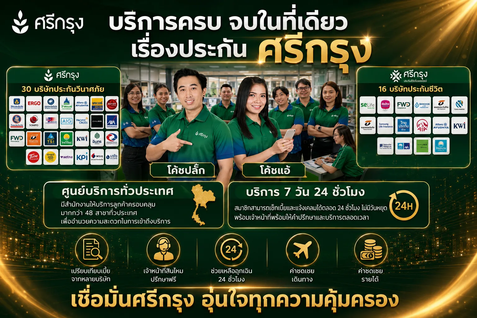 รวมโลโก้บริษัทประกันวินาศภัยและประกันชีวิตที่ศรีกรุงโบรคเกอร์เป็นพันธมิตรด้วย